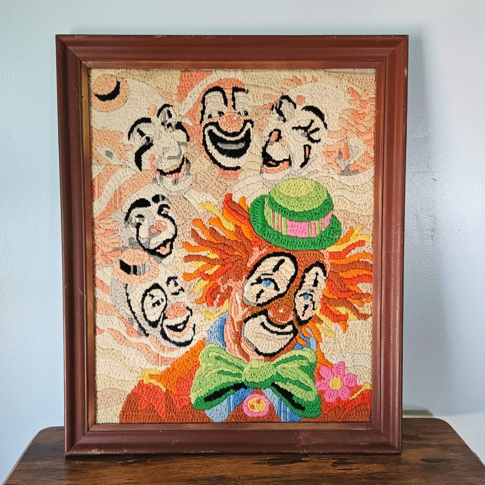 Vtg 70s 80s Handmade Clown Needlepoint Framed Wall Art Circus Kitsch Retro Decor